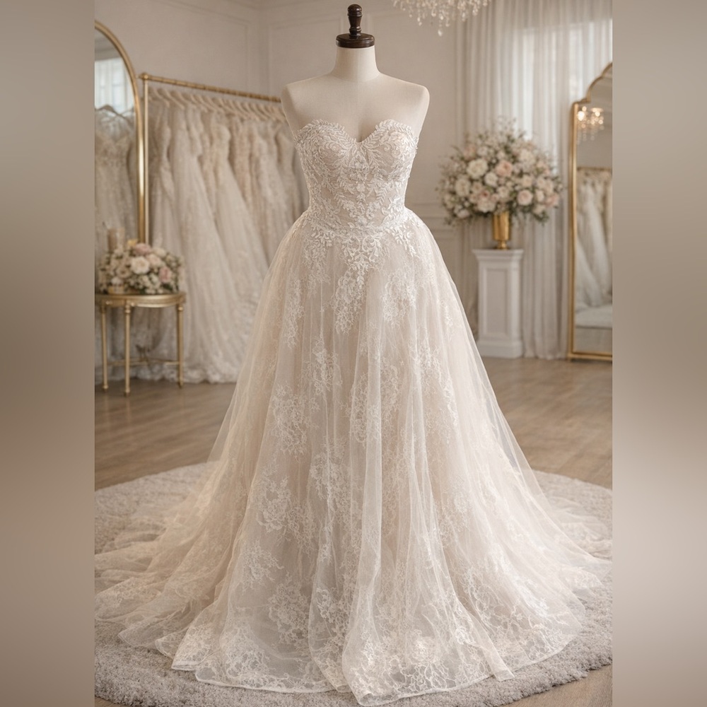 Chantilly Lace & Tulle Strapless Lace A-Line Wedding Dress Blush/Ivory Size 10